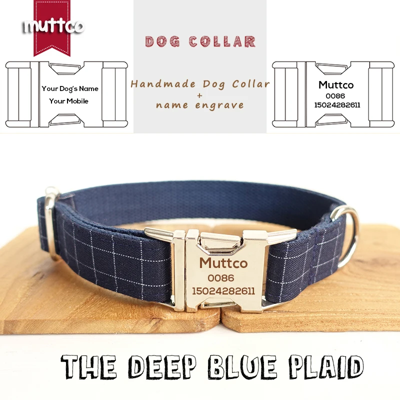 MUTTCO Leser engraved dog collar retailing cool plaid collar handmade dog collar THE DEEP BLUE PLAID 5 sizes dog collar UDC021