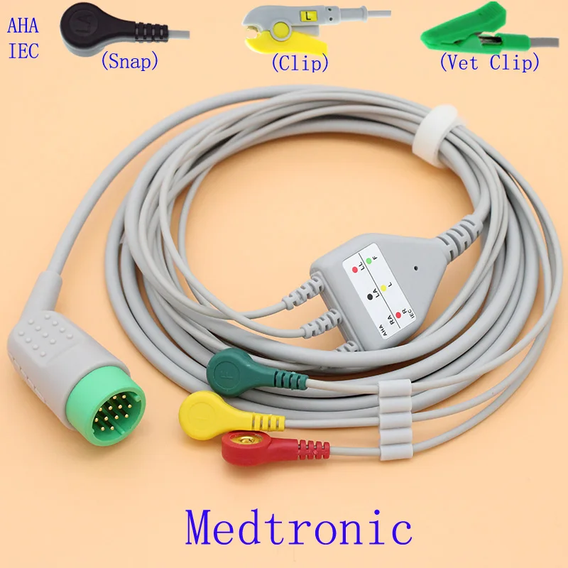 

12P ECG EKG 3 leads cable and electrode leadwire for Medtronics physio control lifepak 12/20/120,IEC OR AHA Snap/Clip/Vet clip