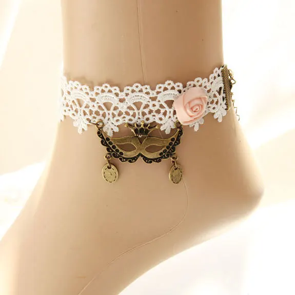 Princess sweet Lolita jewelry Mask queen vintage white lace with pink flower romantic gentlewoman women's anklets FL-26