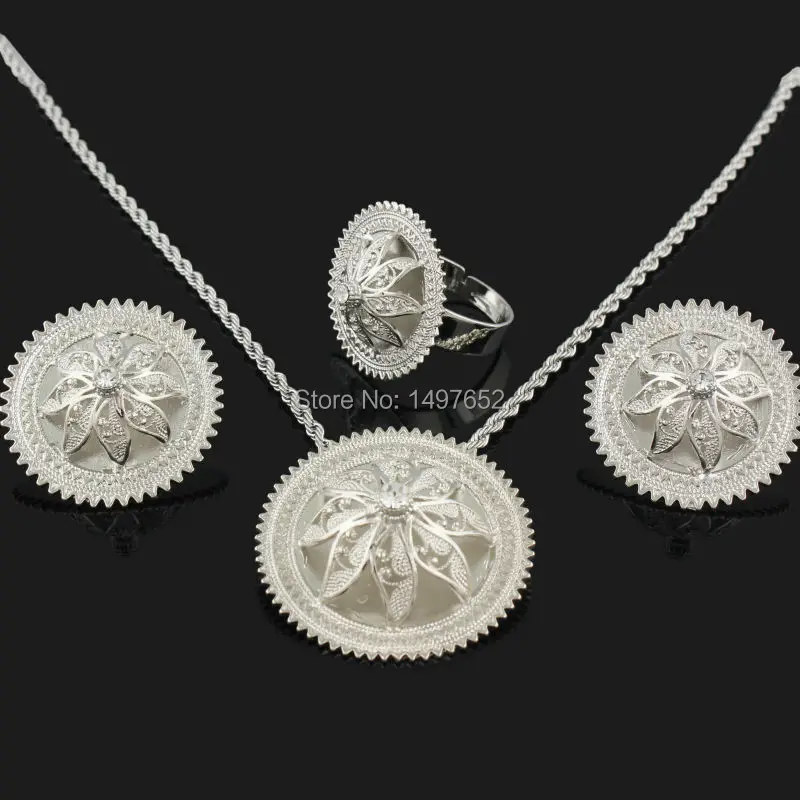 

Newest Ethiopian Pendant/Earrings/Ring/Necklace Jewelry Silver Plated Habesha Jewelry African 4PCS Wedding Jewelry Sets