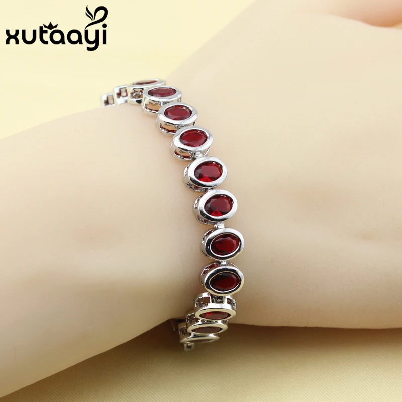 Fashion Jewelry Red Created Garnet Sterling Silver colorOverlay Bracelet For Women Adjustable Link Chain Bracelet Length 18+2 cm