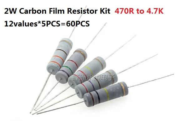 

12values*5PCS=60PCS 470R-4.7K Ohm 2W 5% Carbom Fillm Resistor Kit Set 560R 680R 750R 820R 1K 1.5K 2.2K 2.7K 3.3K 3.9 Assort Pack