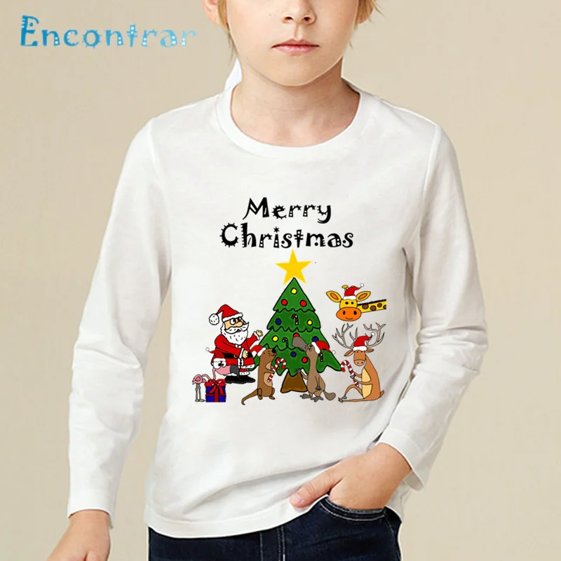 Children Cartoon Print Santa and Friends Merry Christmas T-shirts Kids Long Sleeve Tops Boys/Girls Baby Funny T shirt,LKP5027