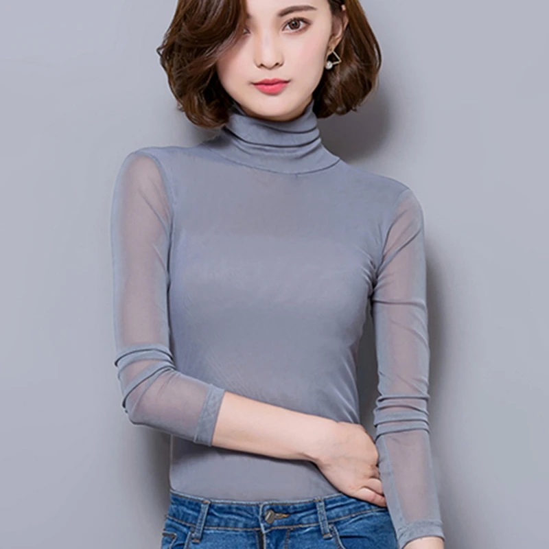 Lưới Sexy Áo Áo Nữ Cao Cổ Tay Dài Cao Cấp Đàn Hồi Áo Sơ Mi Đen Silm Blusas Mujer De Moda Cổ Áo Sơ Mi Mới