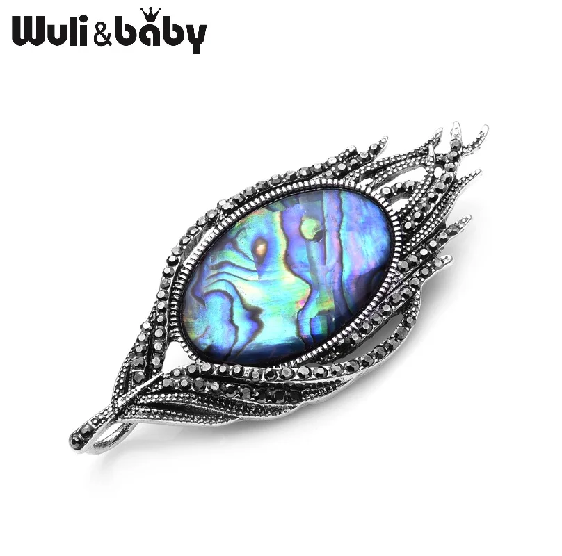 

Wuli&Baby Natural Abalone Feather Brooches For Women Alloy Metal Big Piece of Shell Brooch Pins Vintage Jewelry Accessories