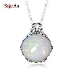 Szjinao Fire White Opal Pendant For Women Real 925 Sterling Silver Flower Gemstone Pendants Vintage Round Handmade Fine Jewelry