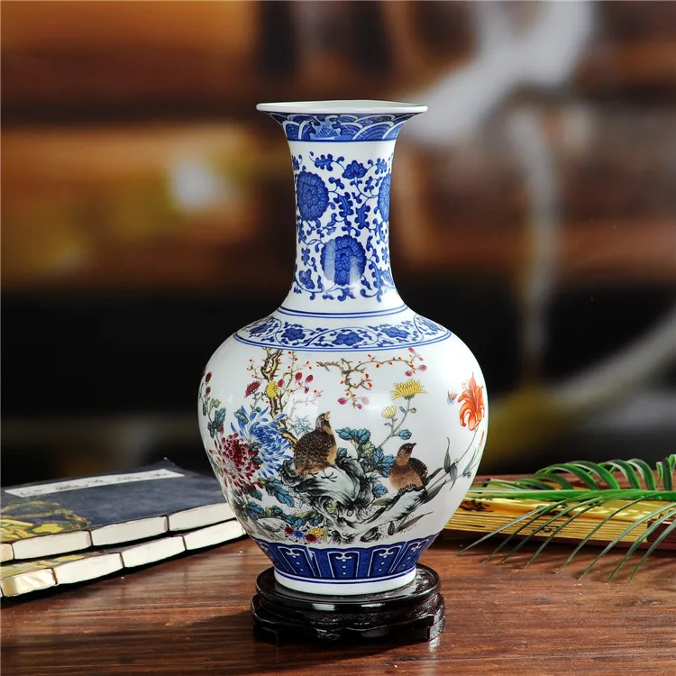 Package mail Jingdezhen ceramics Blue and white color bucket flower vase Modern household handicraft furnishing articles