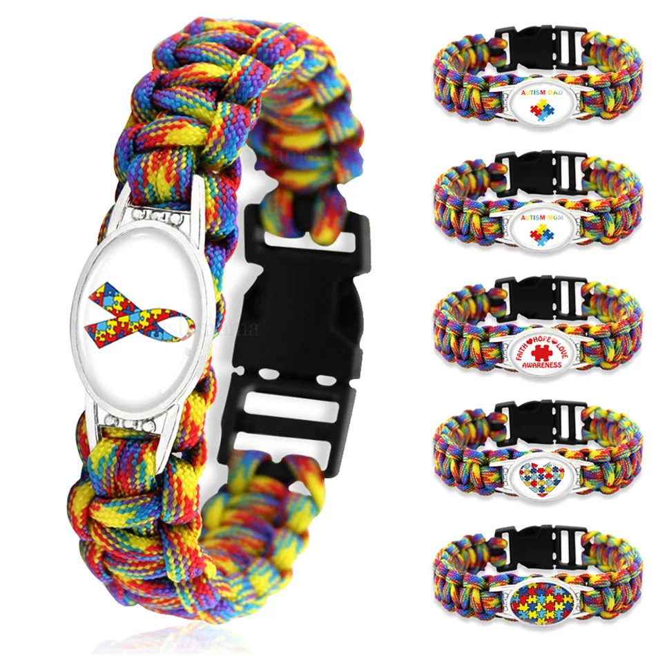 Puzzle Piece Autism Awareness Hope Charm Bracelets Colorful 25*18mm Glass Cabochon Outdoor Survival Paracord Men Women Jewelry