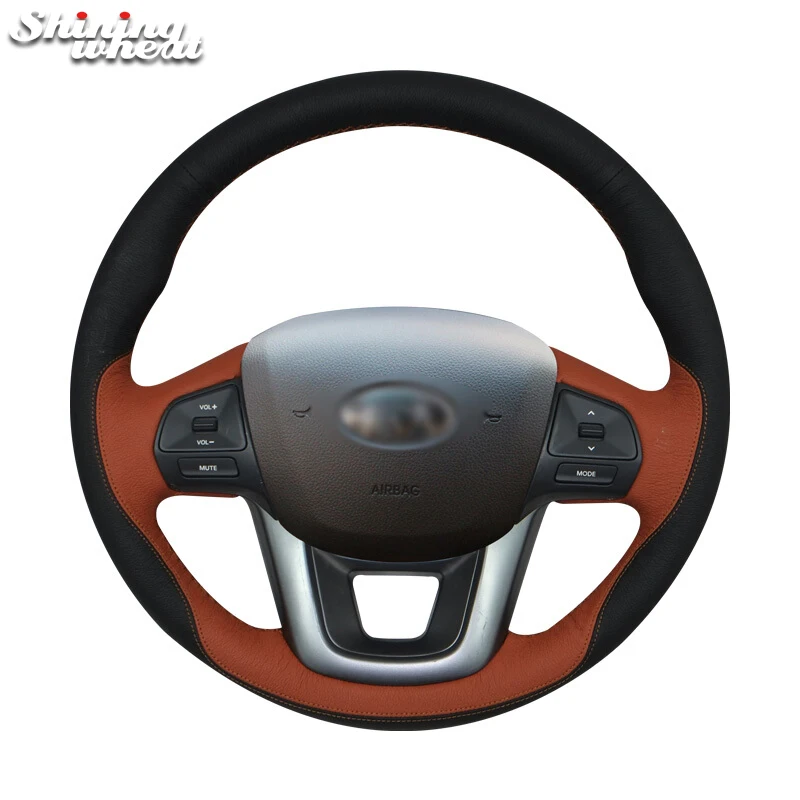 Shining wheat Black Genuine Brown Leather Steering Wheel Cover for Kia K2 Kia Rio 2011-2013