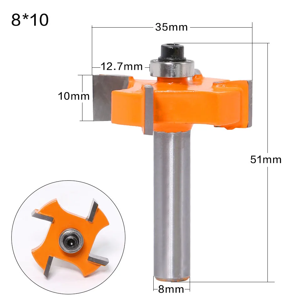 목재용 T 타입 베어링 목재 밀링 커터, 산업용 래비팅 비트, 목공 도구 라우터 비트, 1pc8mm섕크