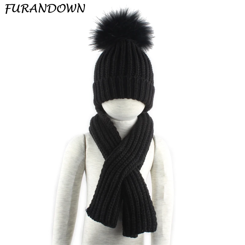 

3-10 age Children Real Fur Pompom Winter Warm Hats For Boys Girls Pom Pom Beanie and scarf Cotton Knitted Baby Hat Scarf Set