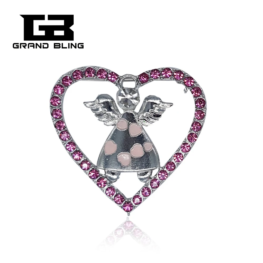 

Hot Unique Gift! Pink Rhinestone Brooch Heart Pin with a Cute Angel inside