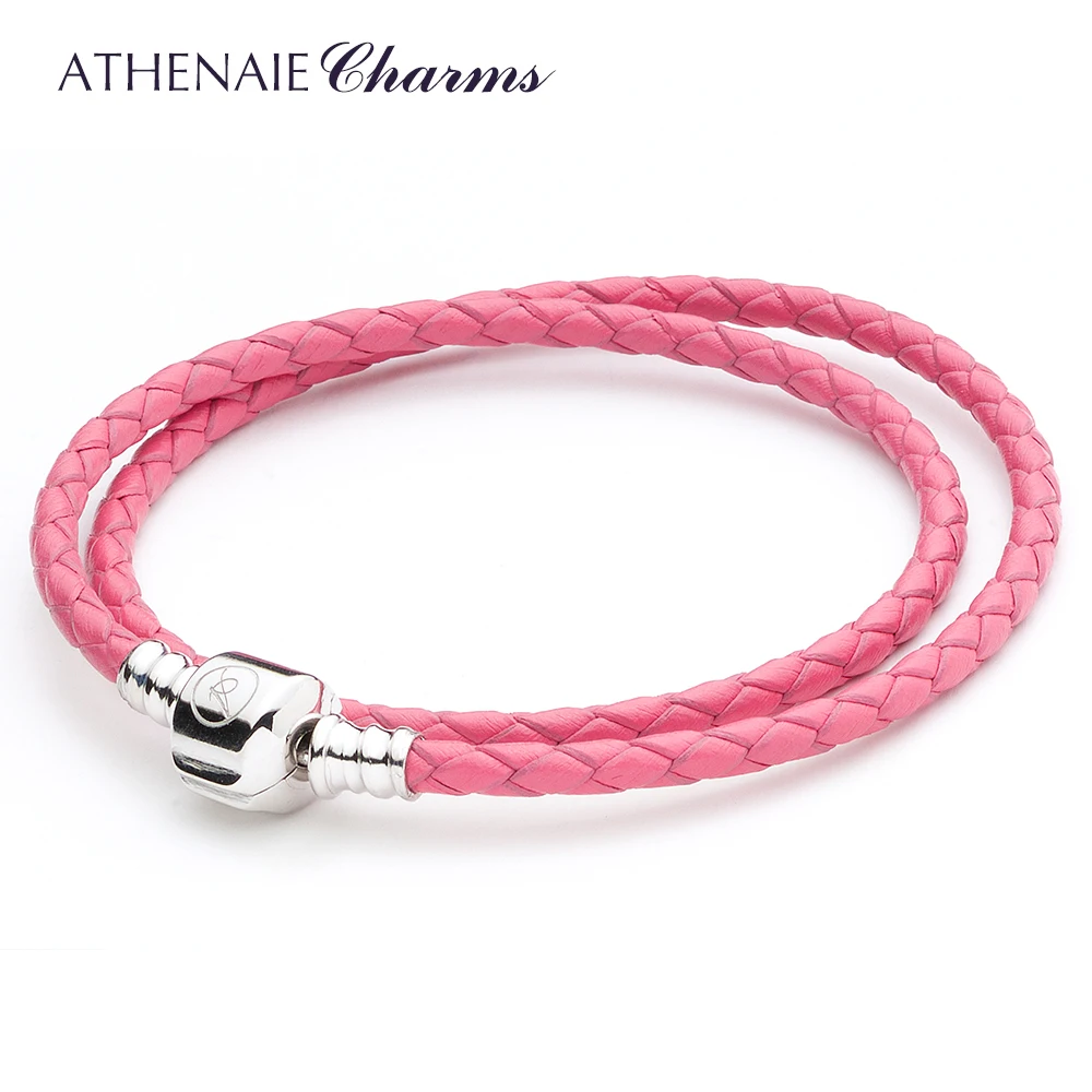 

ATHENAIE Rose Red Double Braided Leather 925 Sterling Silver Snap Clasp Bracelet Size 13.39inch Fit European Bead