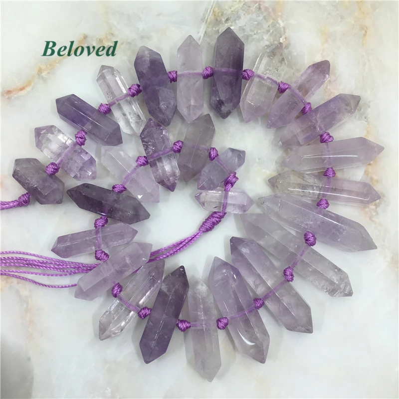 Natural Double Terminated Amethysts Quartz Beads, Middle Drilled Purple Crystal Quartz Pillar Point Bracelet Findings, BG18022