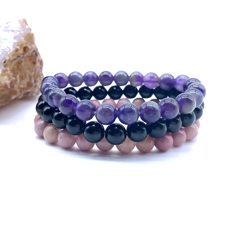 8 mm Stone Beads Bracelet Sets Amethysts Rhodonite Black Agates Beaded Men Women Elastic Natural Bangle Drop Shipping