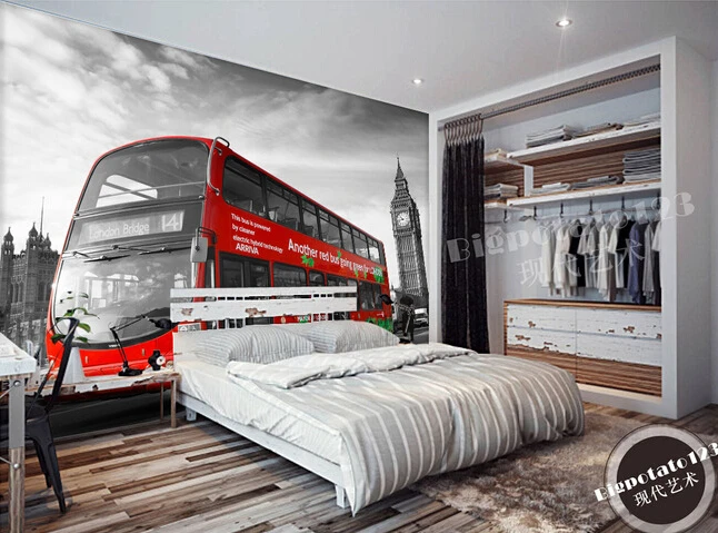 Custom wallpaper photo, black and white Big Ben and red bus murals for the living room bedroom TV background wall pared de Papel