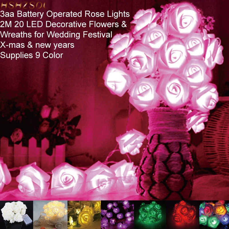 3aa Battery Operated Rose Lights 2M 20 LED Decorative Flowers & Wreaths for Wedding Festival Supplies 9 Color for Xmas new years