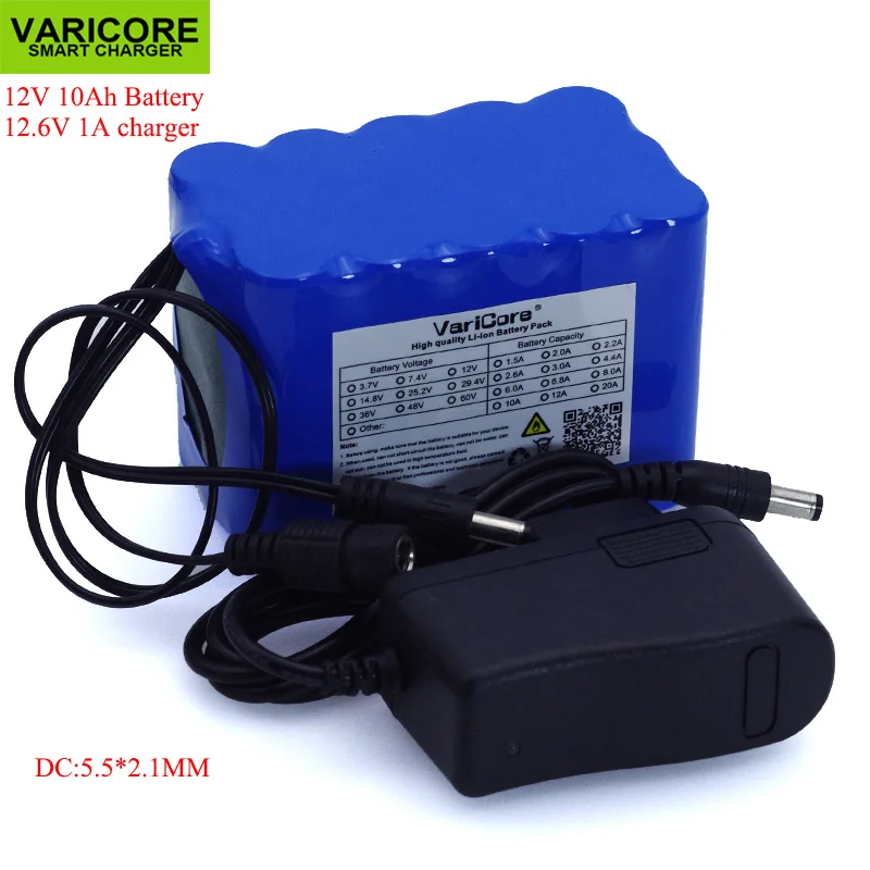 VariCore 12V 10Ah 18650 ليثيوم خط الطول بطارية حزمة 12.6V 10000mAh مع BMS مجلس حماية الدائرة DC 5.5*2.1 مللي متر + 1A شاحن