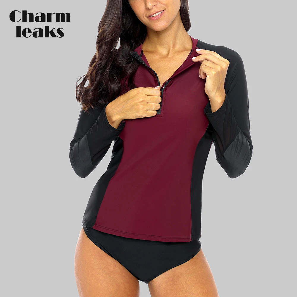 

Charmleaks Women Long Sleeve Front Zipper Rashguard Shirt Swimsuit Patchwork Swimwear Surfing Top Hiking Shirt Rash Guard UPF50+