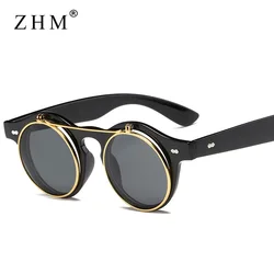 Fashion Vintage Round Steam Punk Flip Up Sunglasses Classic Double Layer Clamshell Design Gothic Sun Glasses Oculos De Sol