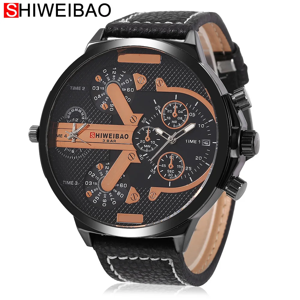 

Men Watches 2018 Luxury Brand Black Leather Strap Mens Watches Two Times Quartz Watch Man Big Case Military Relogio Masculino