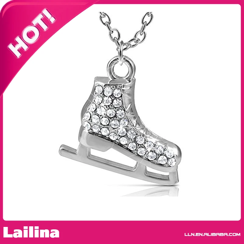 

Silver Tone 3D Ice Skate Figure Skater Crystal Charm Necklace Christmas Winter Jewelry Gift