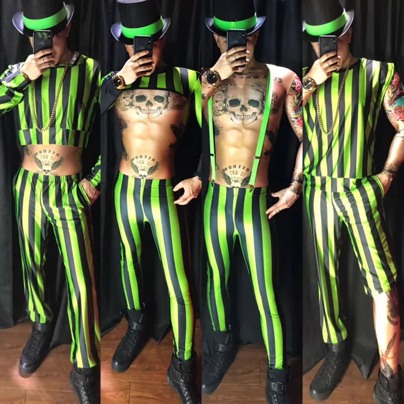 

Novelty Fluorescent Green Stripe Sexy costumes suit Bars nightclubs male singer DJ DS stage wear performance dance clothes