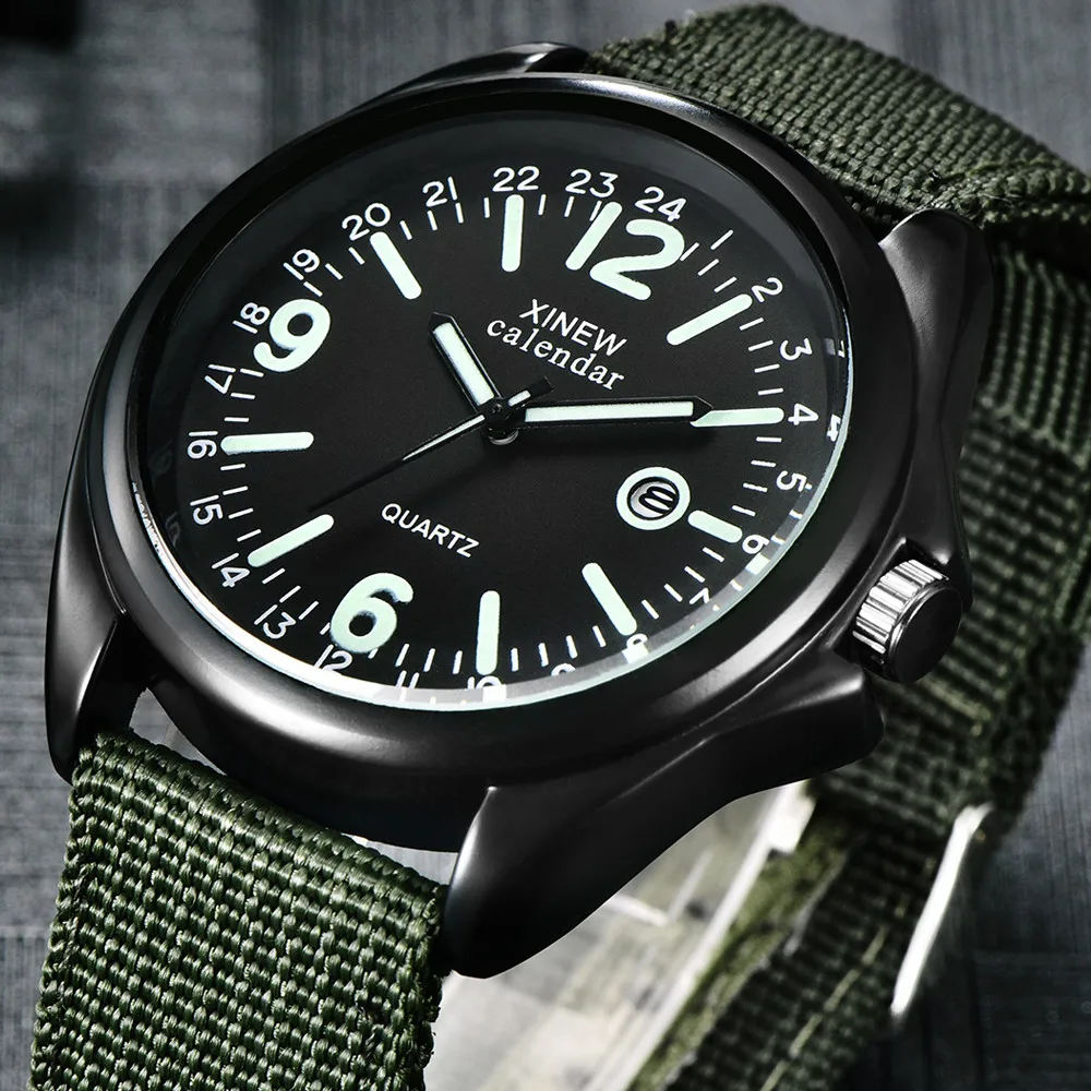 XINEW-reloj militar luminoso para hombre, cronógrafo de cuarzo con calendario, correa de nailon, deportivo, a la moda