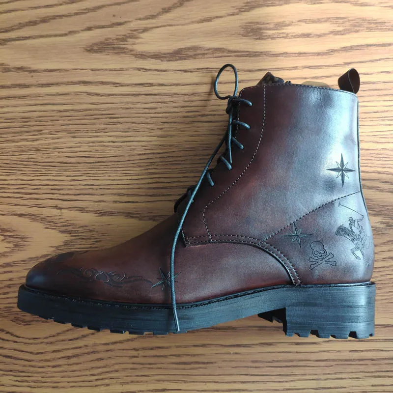 Puntige Neus Laarzen Mannen Handgemaakte Gesneden Lace Up Cowboy Laarzen Real Leather Luxe Retro Kantoor Formele Enkellaarsjes Mannelijke Schoenen