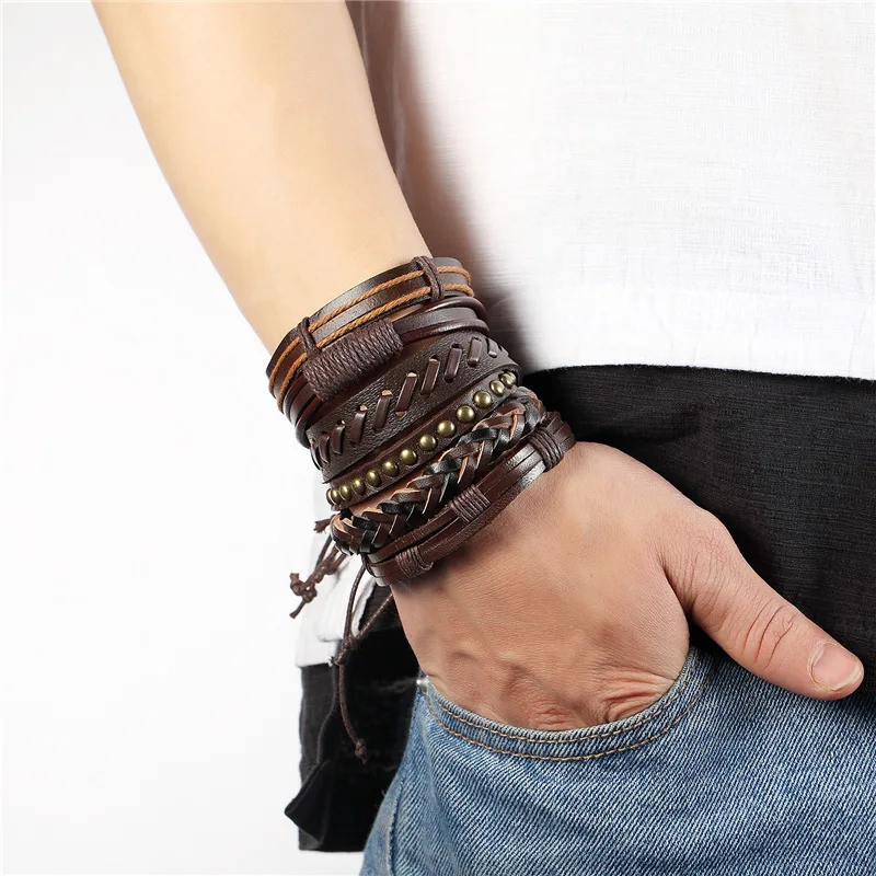 Janeyacy Wholesale Vintage Leather Bracelets For Men Punk Leather Bracelet & Bangle Male Wristband Wrap Women Jewelry Pulseras