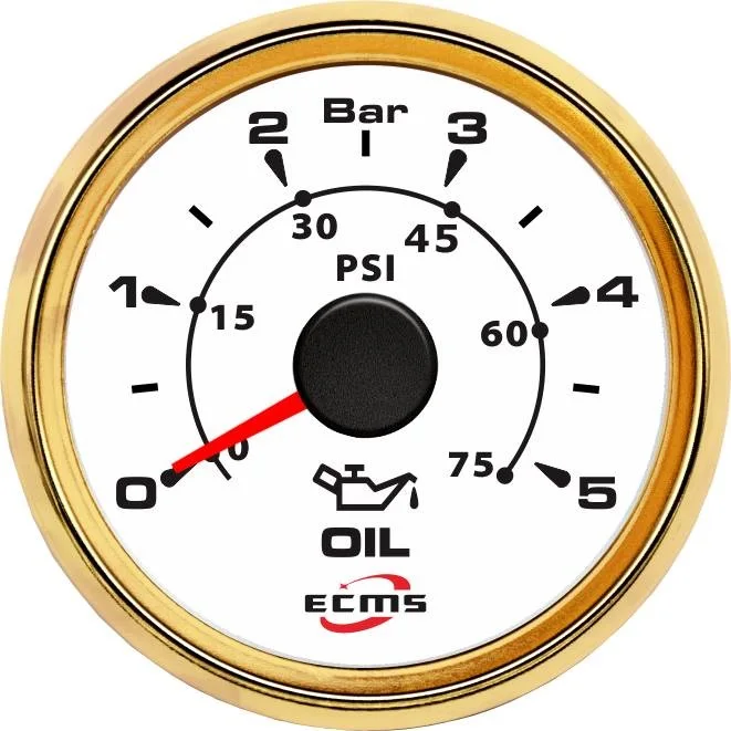 Marine Boat Yacht Automotive Pressure Gauge 0-5 Bar 9-32V 10-184 OHMS 52mm 2 Inch 316L Gold Bezel White Dial 802-00027