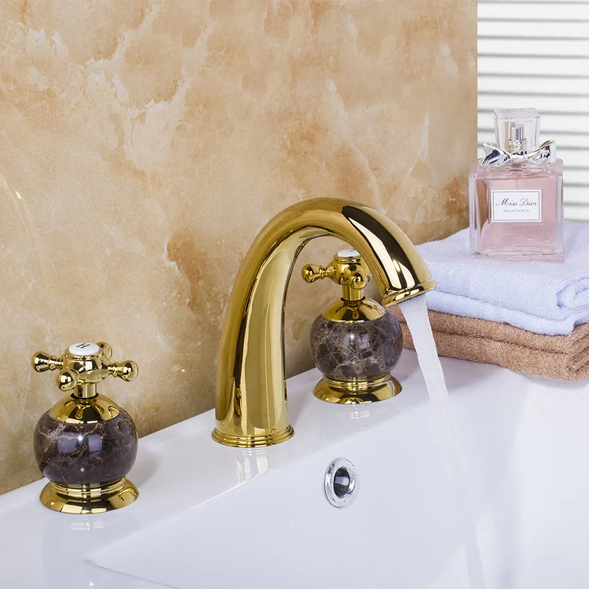 

marble and Golden bathroom Basin Faucet lavabo Double Handle Deck Mounted tap Hot Cold Water Mixer Distinguished sink Faucets