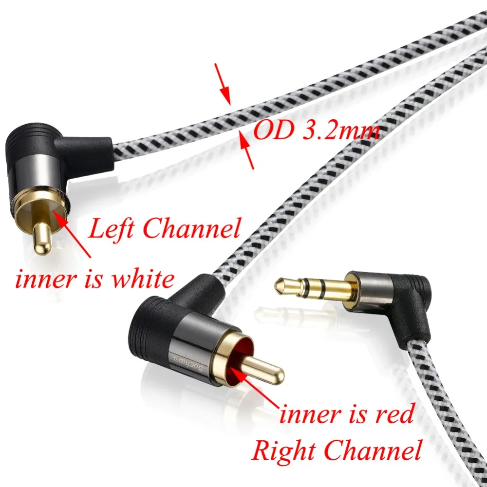 Bochara Braided 90degree 3.5mm jack to 2RCA OFC Audio Cable Gold Plated For Speakers Amplifier Mixer 30cm