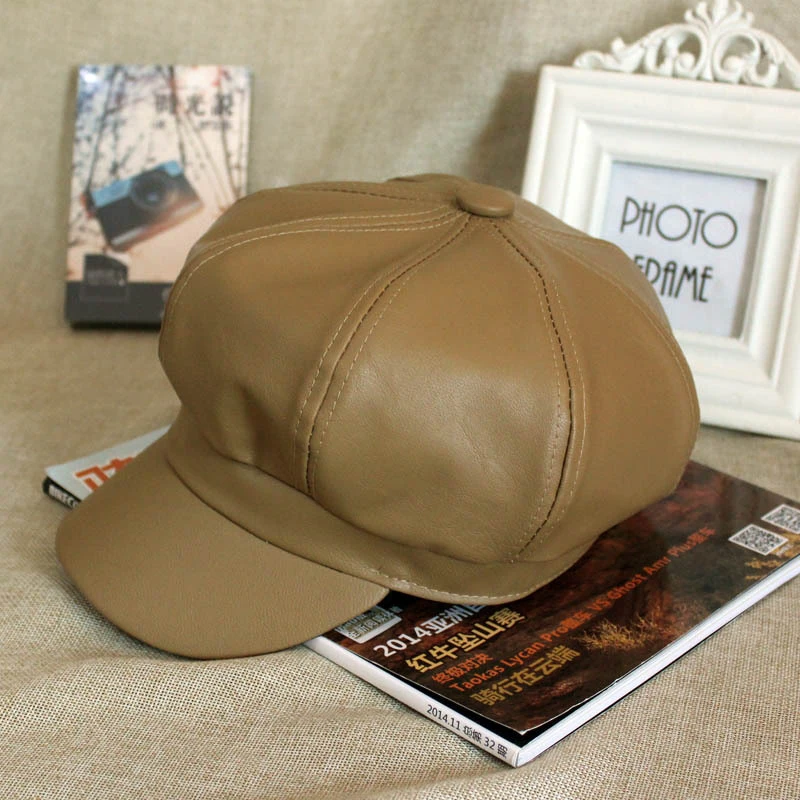 HT1368 Plain Leather Beret Caps Men Women Vintage Artist Painter Octagonal Caps Solid Autumn Winter Hats Black Red Grey