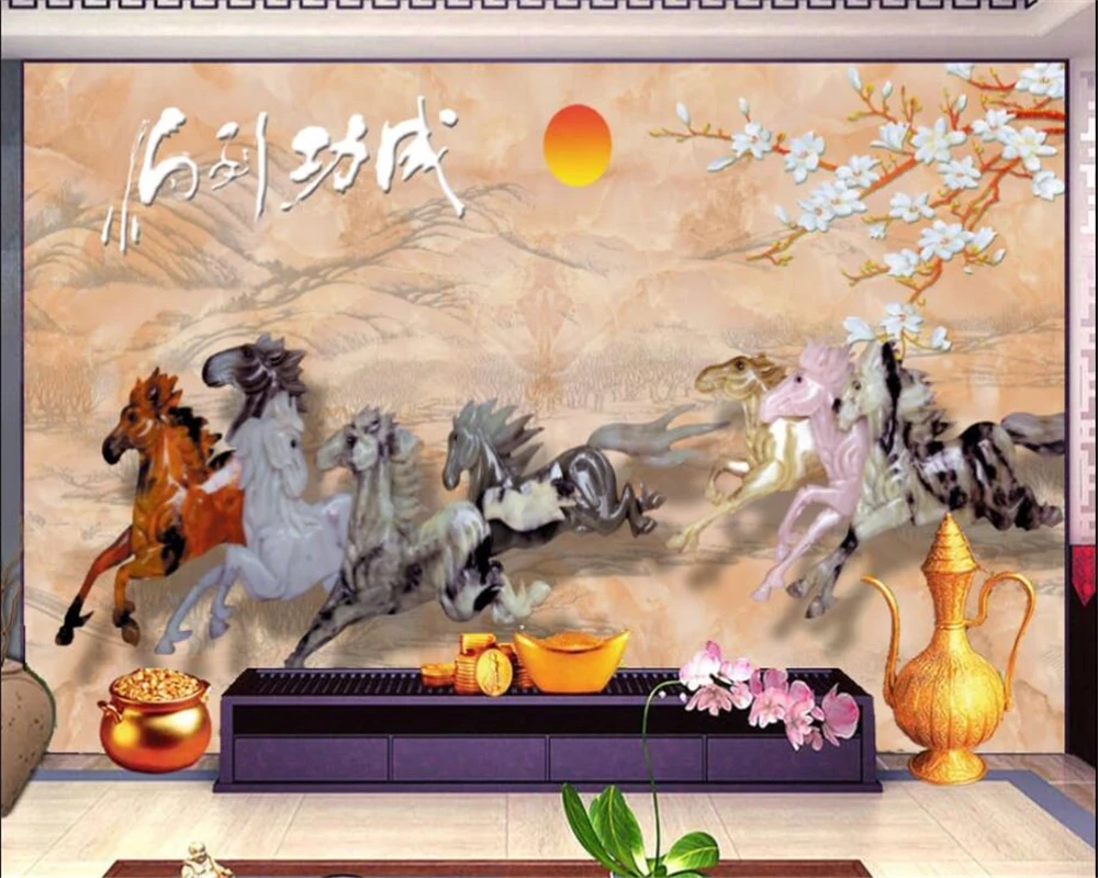 

Custom wallpaper 3d mural jade carving horse to success jade carving eight horse figure TV background wall papers home decor 3d