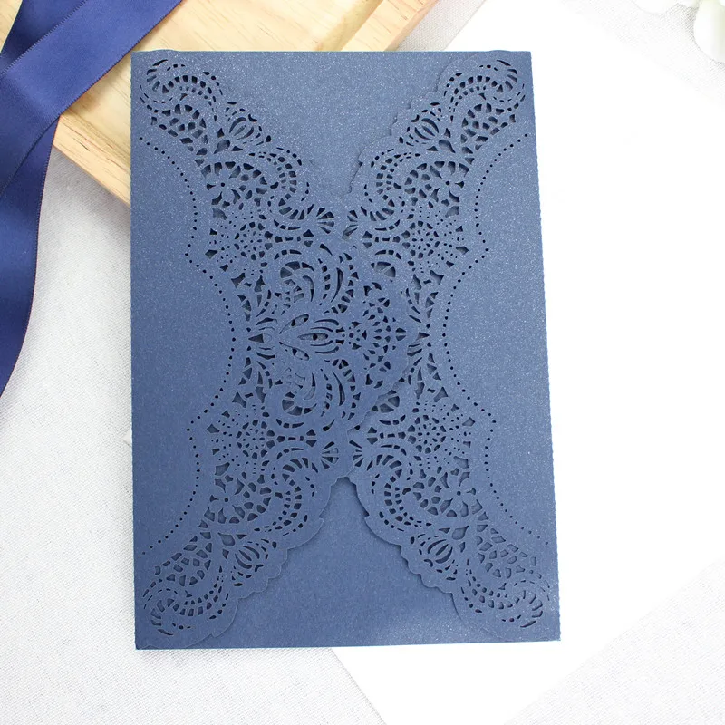 Butterfly lace wedding invitation shell navy blue for fall winter wedding 50pcs/lot