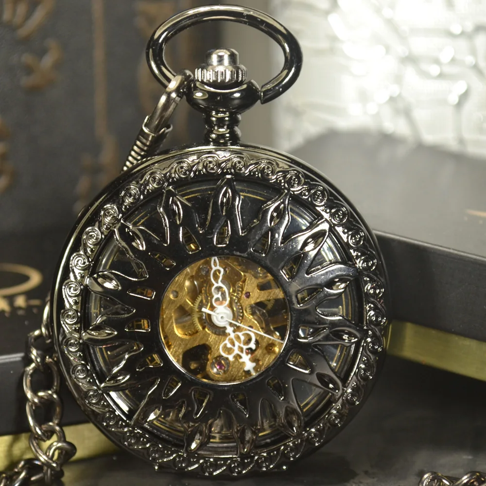 Luxury Skeleton Black Retro Antique Skeleton Mechanical Pocket Watch Men Chain Necklace Business Casual Pocket & Fob Watches