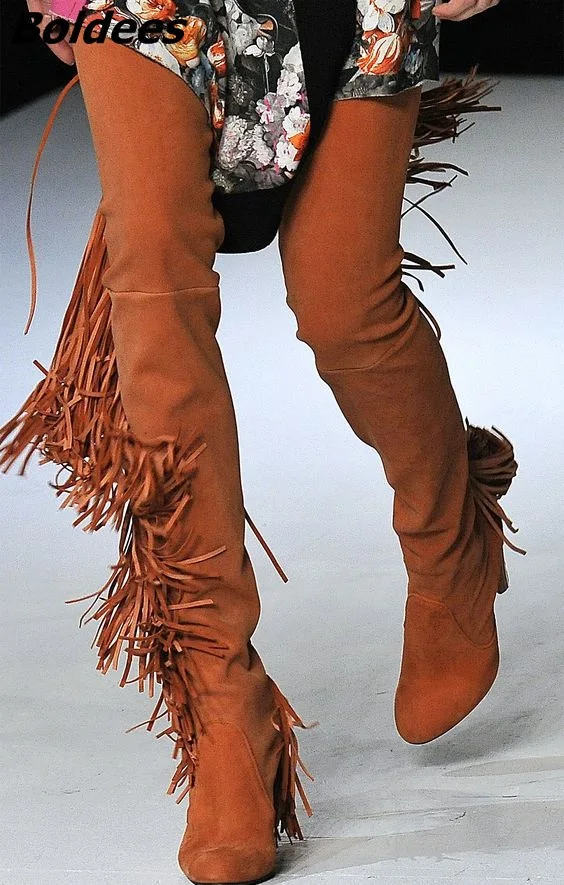 New Trendy Design Women Chic Brown Fringe Block Heels Thigh High Boots Round Toe Chunky Heel Tassel Fashion Long Boots Best Sell