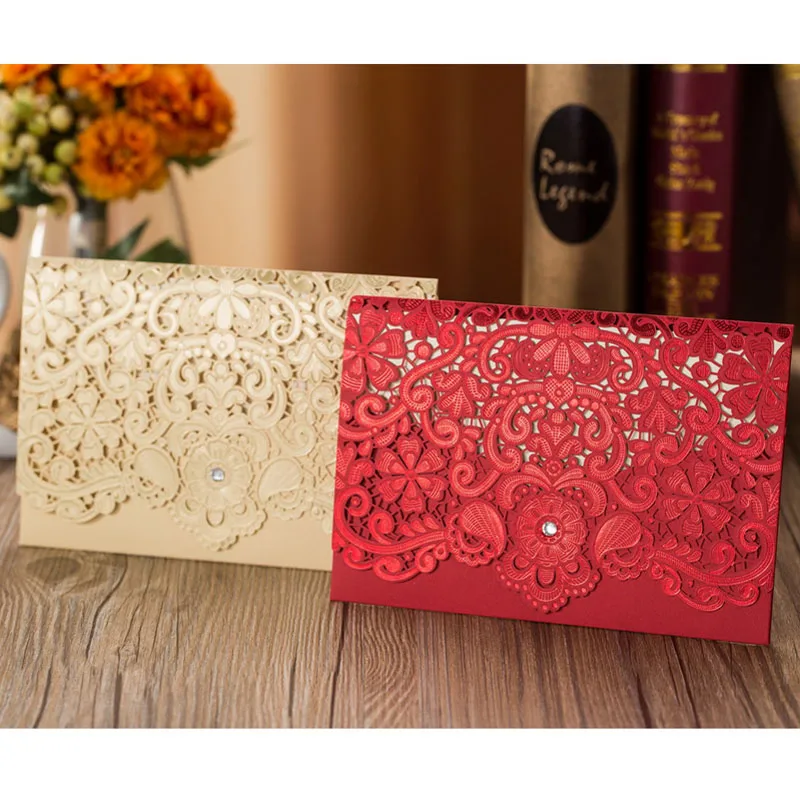 1pcs Sample Gold Red Laser Cut Diamond Wedding Invitations Card Elegant Greeting cards Favor Wedding Event Party Decorations