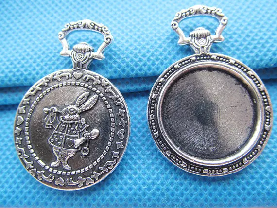 10pcs Large Antique Silver/Antique Bronze Vintage Rabbit Pocket Watch Base Setting Pendant Charm,35mm Cabochon/Cameo Tray Bezel