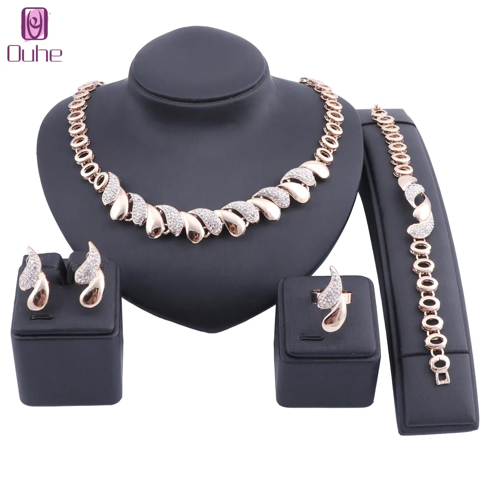 

Women Bridal Dubai Gold Color Crystal Dinner Dress Necklace Earring Ring Bracelet Wedding Party Accessories Jewelry Set