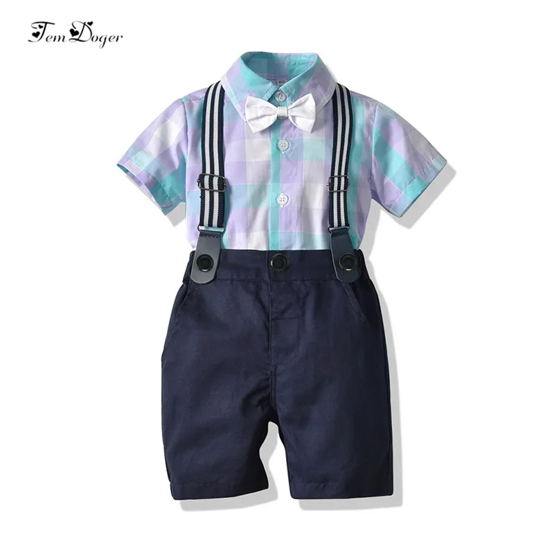 Tem Doger Boy Clothing Sets Baby Boys Clothes Shorts Sleeve Plaid Gentleman Suit Children Clothing Cotton Outfits Kids Costume