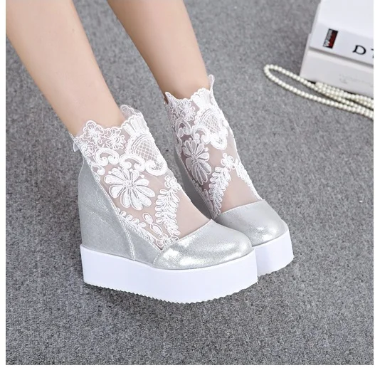 Fashion Sweet Lace Shoes Women Wedge Heels Platform Pumps High Heels Sandals zapatos plataforma mujer encaje 3 COLORS