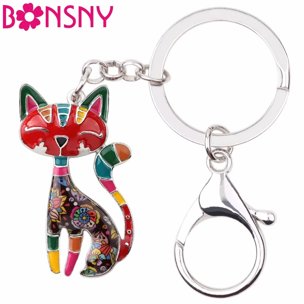 

Bonsny Metal Enamel Cat Kitten Key Chain Key Ring Women Girls Handbag Pendant 2017 New Animal Jewelry Car Key Accessories