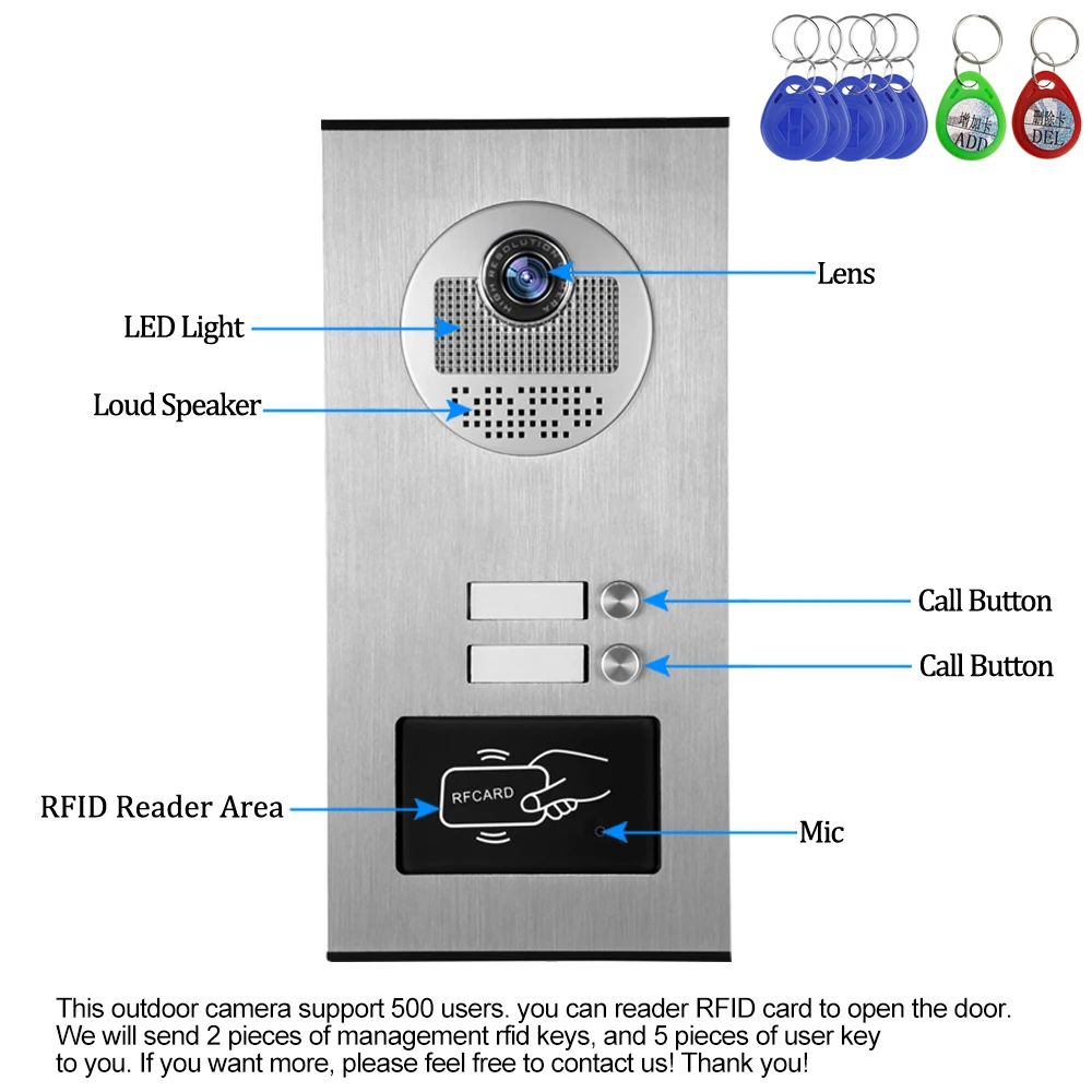 Wired Home 4.3\'\' TFT Video Intercom Doorbell System RFID Camera with 2/3 Monitors Doorphone for Multi Apartment EM Key Unlock