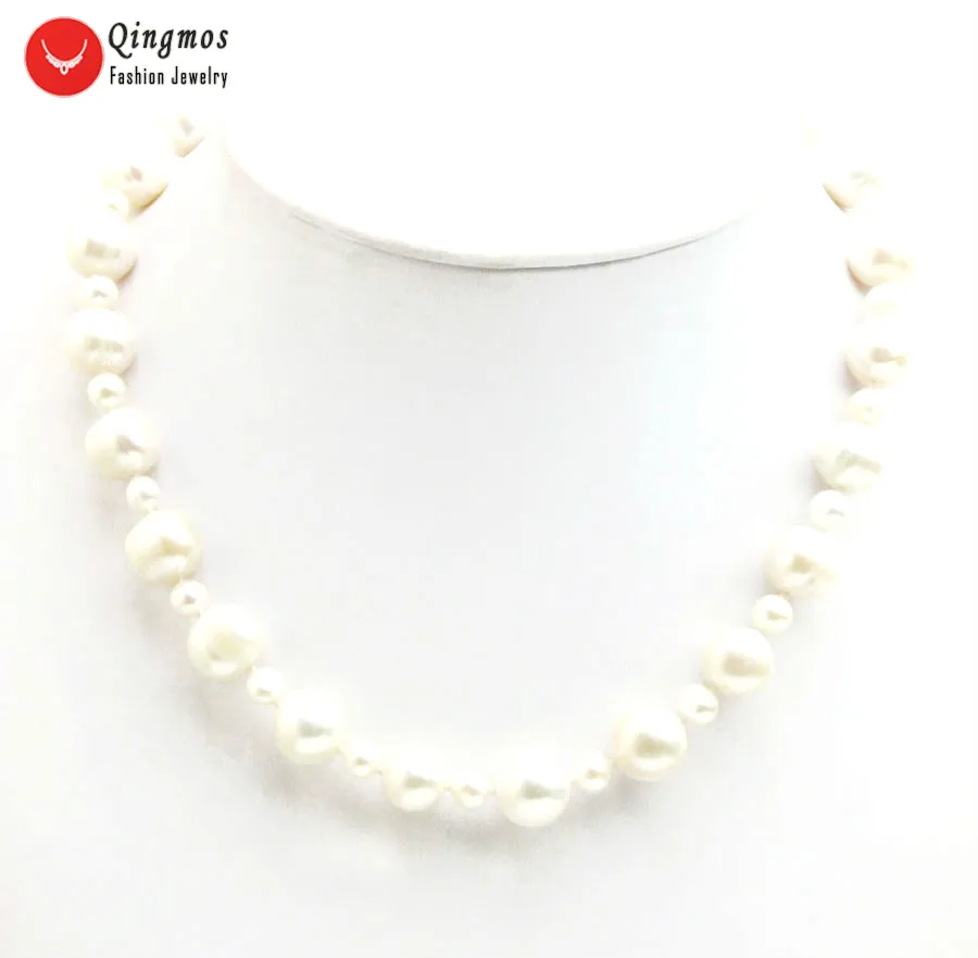 Qingmos Natural White Pearl Necklace for Women with 6-7mm & 11-12mm Round Freshwater Pearl Chokers Necklace Jewelry 17