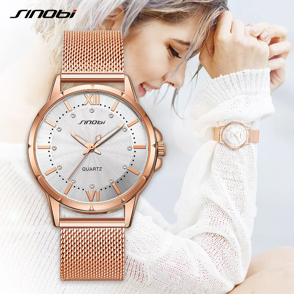 SINOBI Luxury Elegant Women Quartz Watch 37mm Dial Classic Rosegold/Silver Diamond Ladies Stainless Steel Wristwatch for Femme