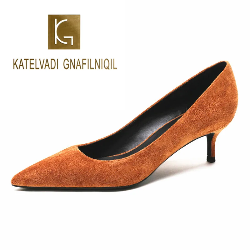 

KATELVADI Shoes Woman Brown Ladies Pumps Flock 5CM Med Heels Zapatos De Mujer Pointed Toe Office Lady Women's Shoes,K-321