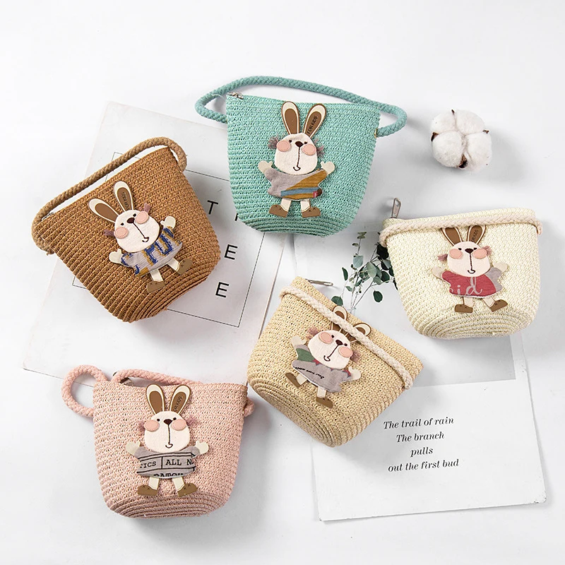 Summer Hand Made Straw Bags Children Single Inclined Shoulder Bags Exquisiteness Kids Cartoon Coin Purses Cute Princess Handbags