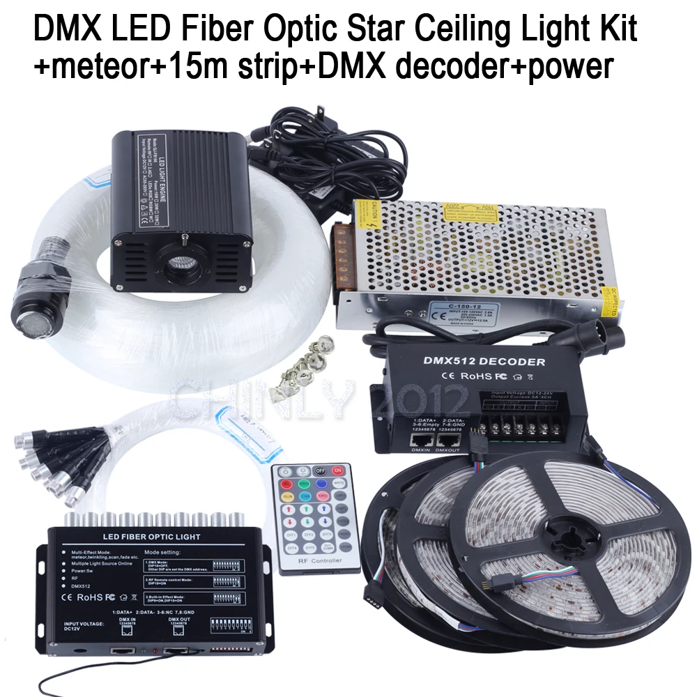 

DMX Fiber Optic Star Ceiling Kit 16W RGBW Decoder Control 15m Strip 4m mixed 335strands Fiber Meteor Light Decorative Project